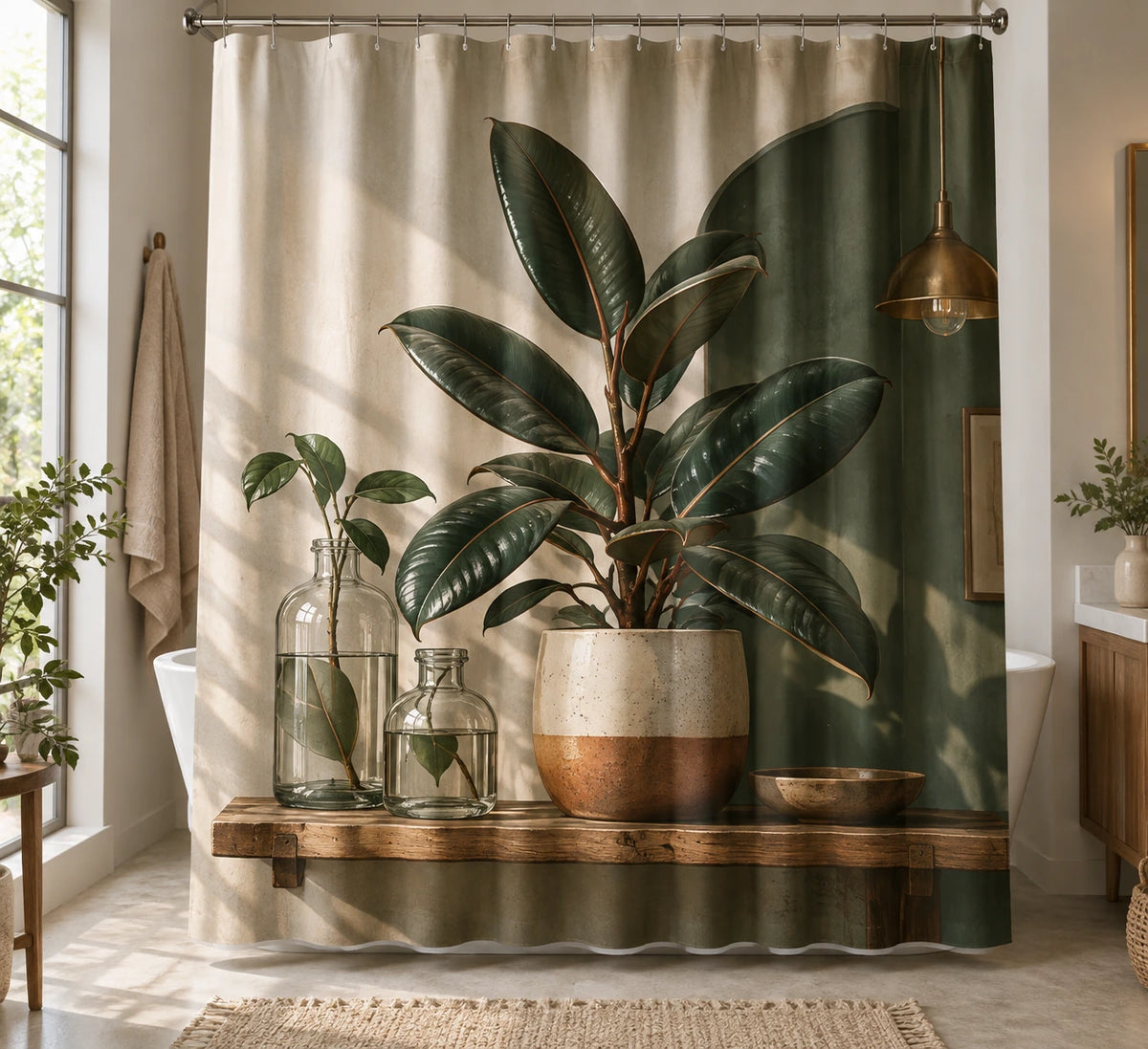 Botanical Shower Curtain - Rubber Plant Propagation Shelf with printed artwork on draped polyester fabric