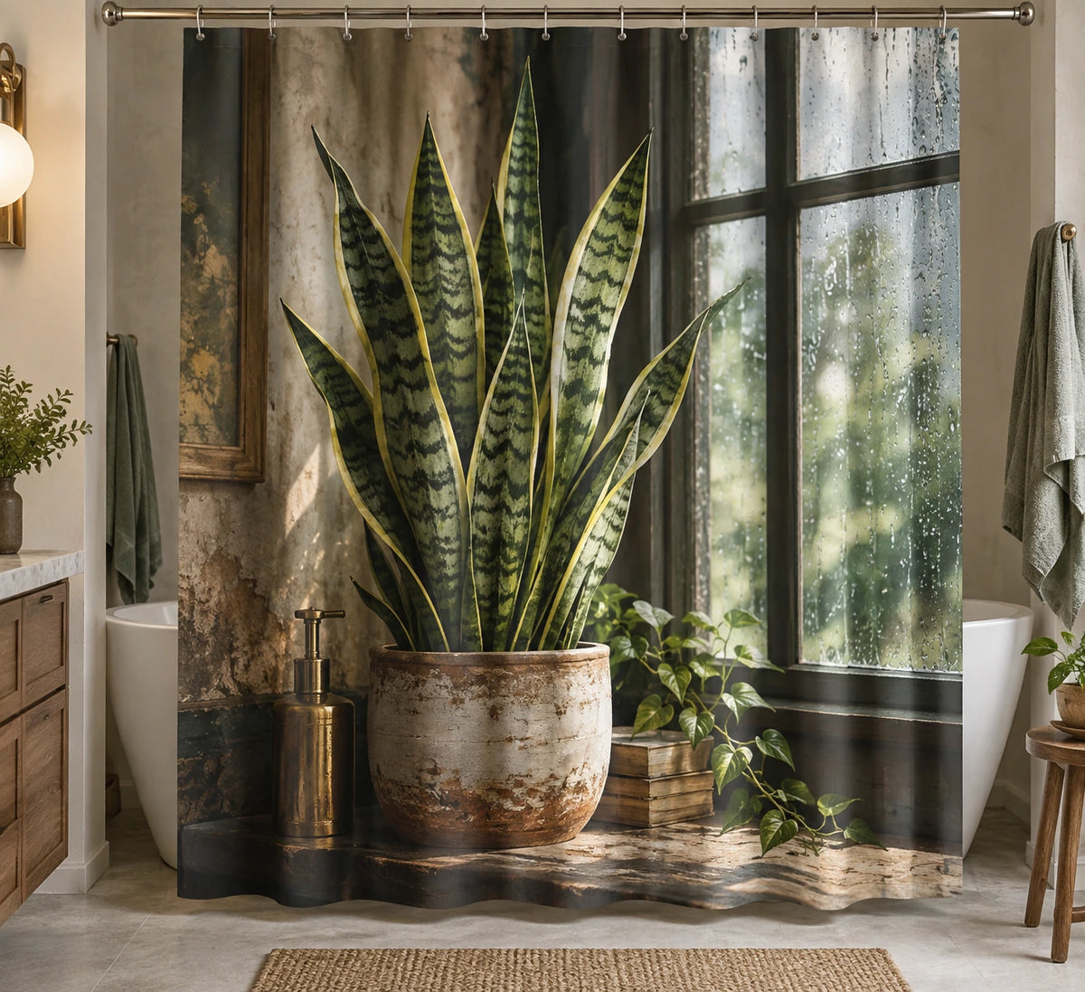 Botanical Shower Curtain - Snake Plant Rainy Window with printed artwork on draped polyester fabric
