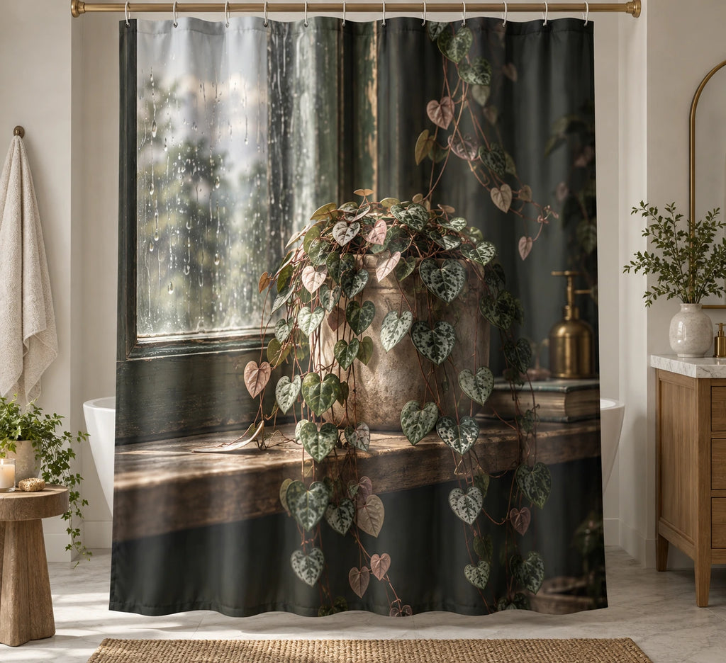 Botanical Shower Curtain - String of Hearts Rainy Window with printed artwork on draped polyester fabric