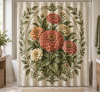 Botanical Shower Curtain - Zinnia Botanical Cameo with printed artwork on draped polyester fabric