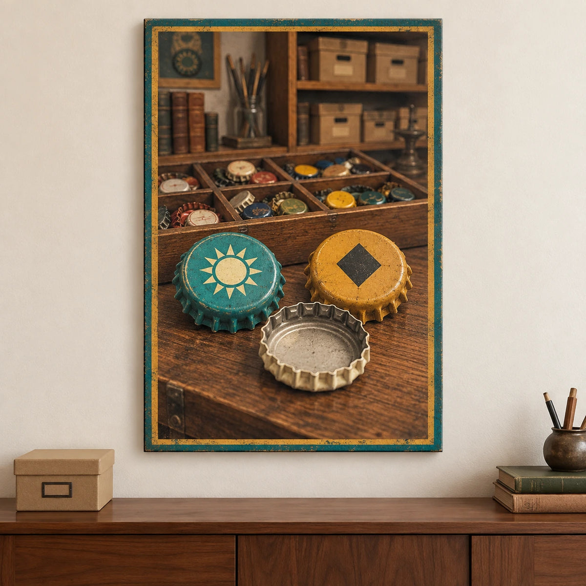 Bottle Cap Archive Stretched Canvas Wall Art with original printed optical 3D artwork