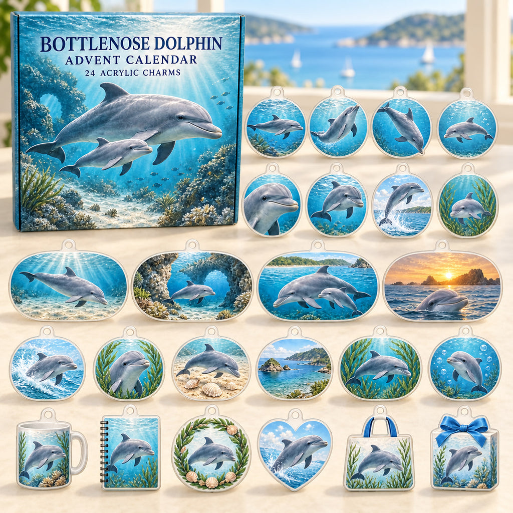 Bottlenose Dolphin advent calendar box with 24 themed flat printed acrylic charms