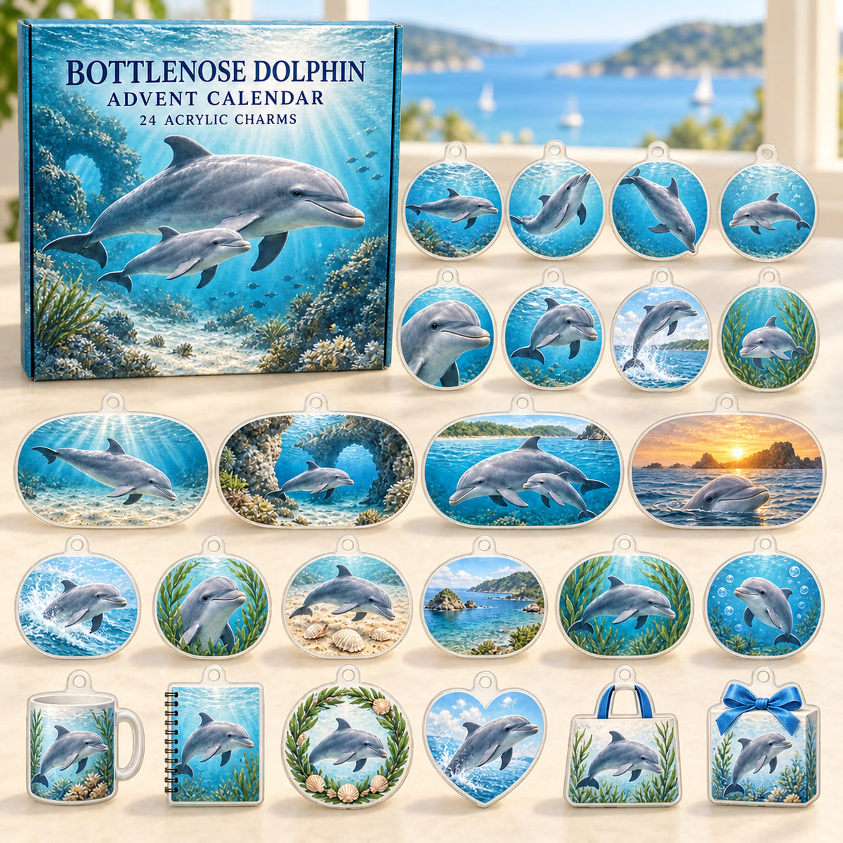 Bottlenose Dolphin advent calendar box with 24 themed flat printed acrylic charms