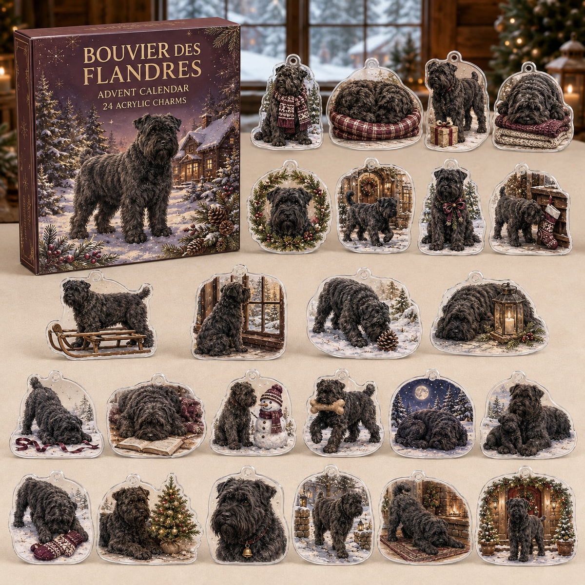 Bouvier des Flandres advent calendar box and 24 illustrated acrylic charms displayed on an ivory tabletop in a winter setting