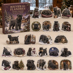 Bouvier des Flandres advent calendar box and 24 illustrated acrylic charms displayed on an ivory tabletop in a winter setting