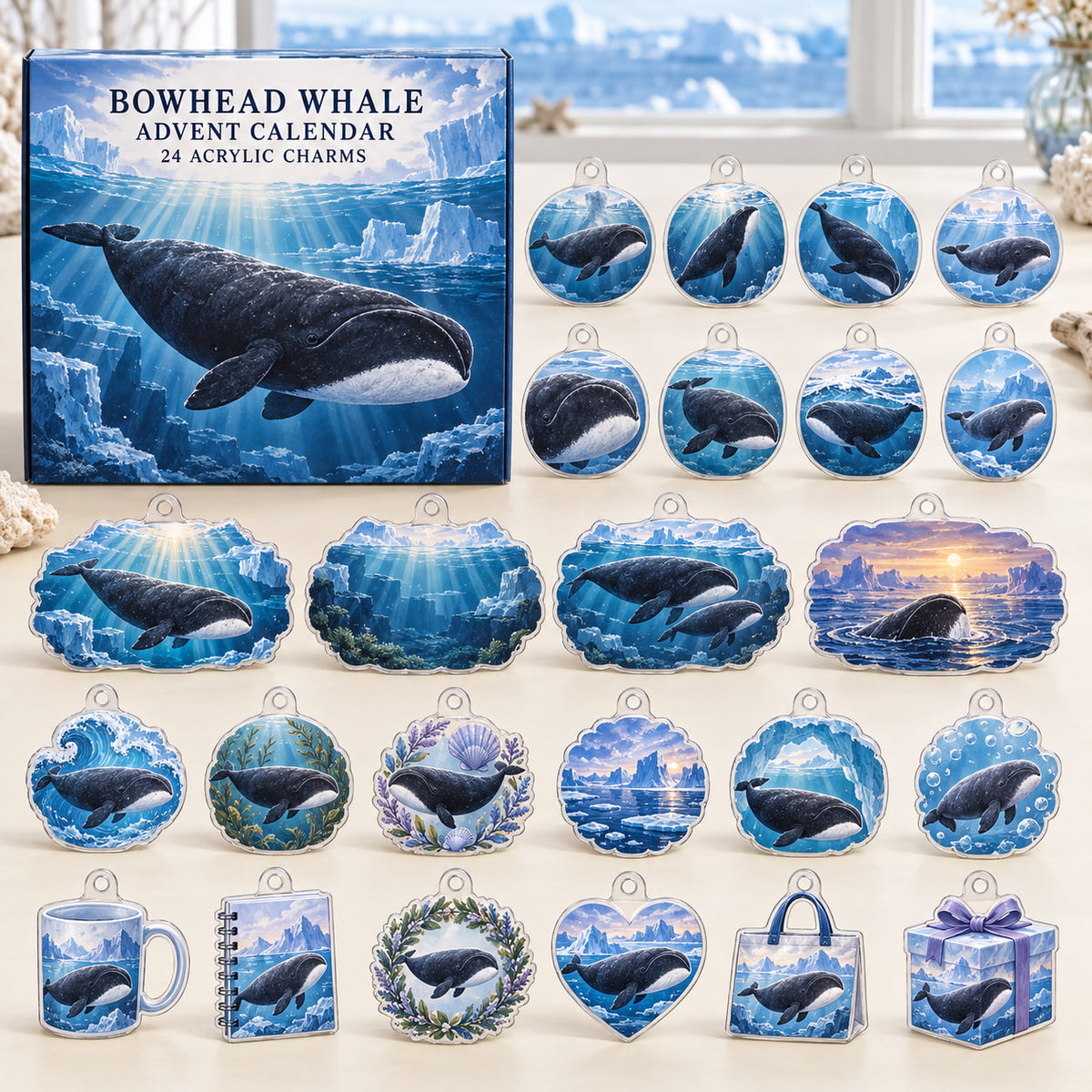 Bowhead Whale advent calendar box with 24 themed flat printed acrylic charms