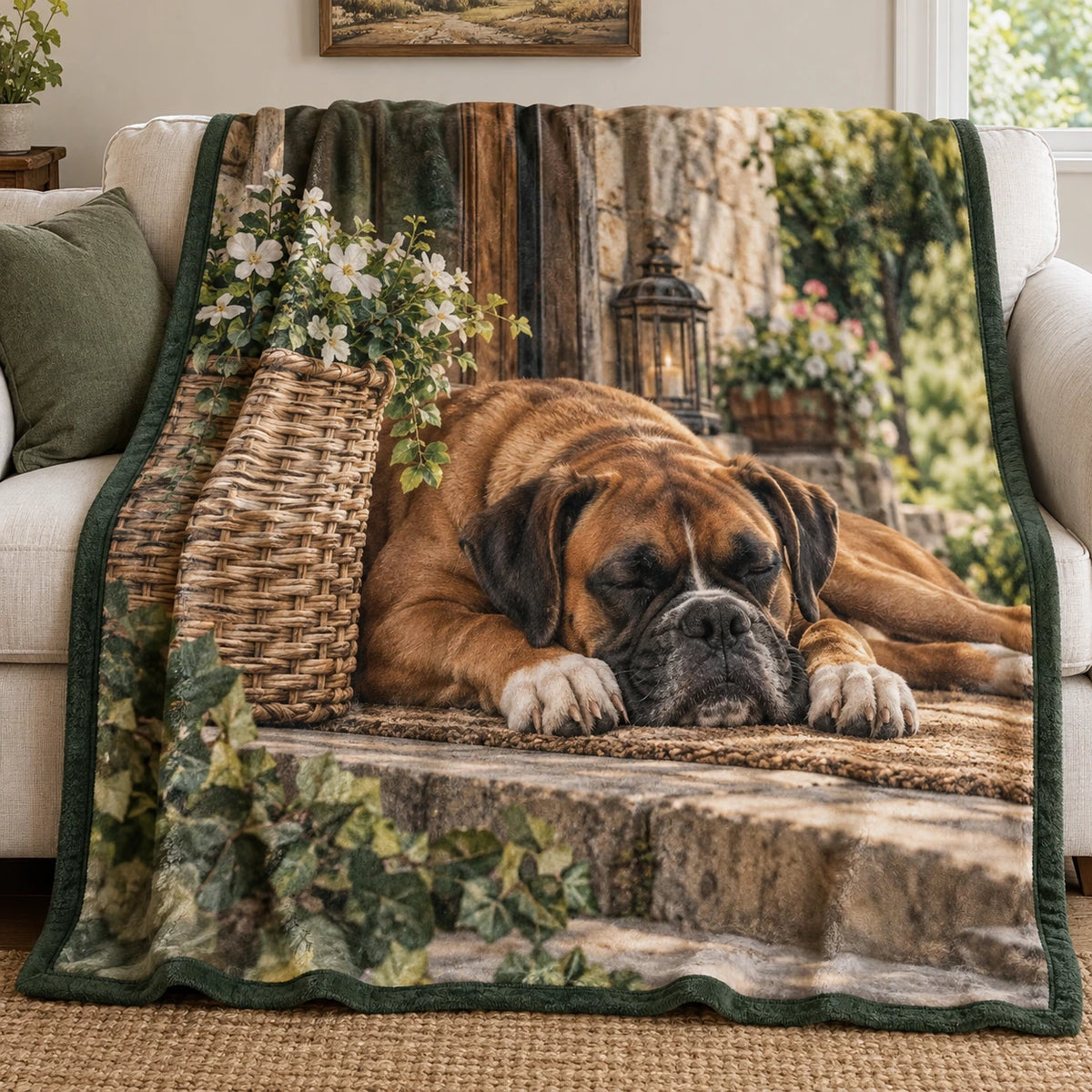 Boxer Porch Nap Fleece Blanket with printed dimensional artwork