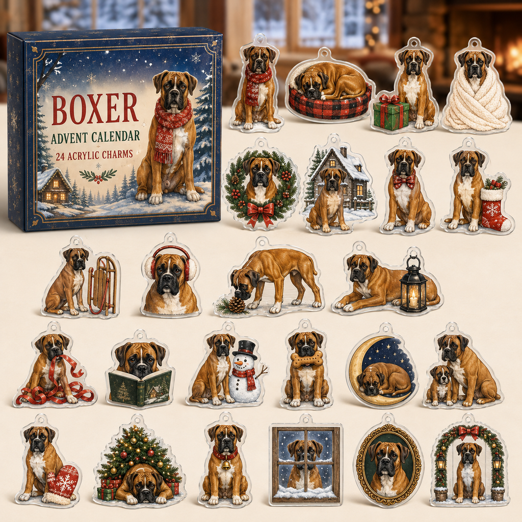 Boxer advent calendar box with full set of 24 illustrated acrylic charms on a warm ivory tabletop