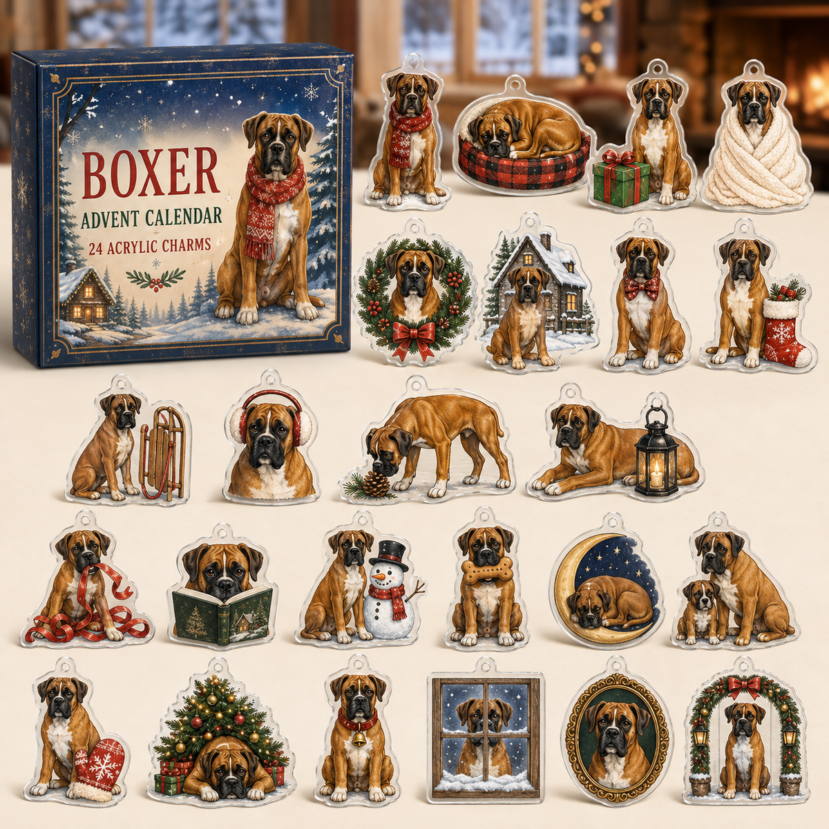 Boxer advent calendar box with full set of 24 illustrated acrylic charms on a warm ivory tabletop
