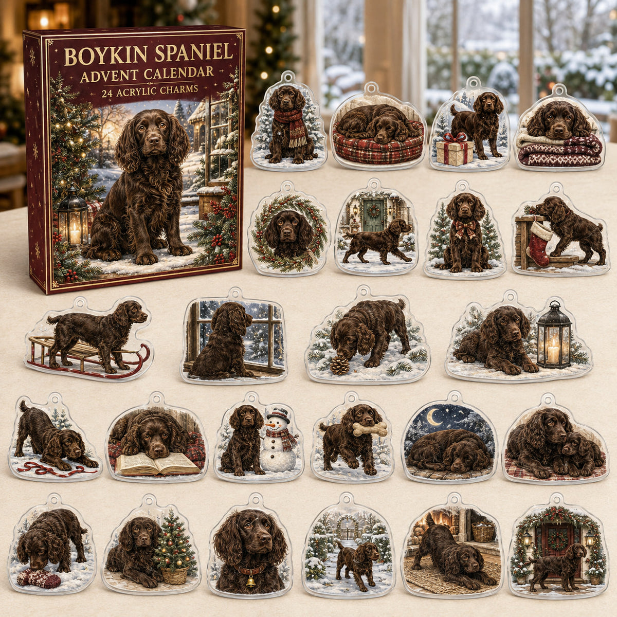 Boykin Spaniel advent calendar box and 24 illustrated acrylic charms displayed on an ivory tabletop in a winter setting