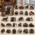 Boykin Spaniel advent calendar box and 24 illustrated acrylic charms displayed on an ivory tabletop in a winter setting