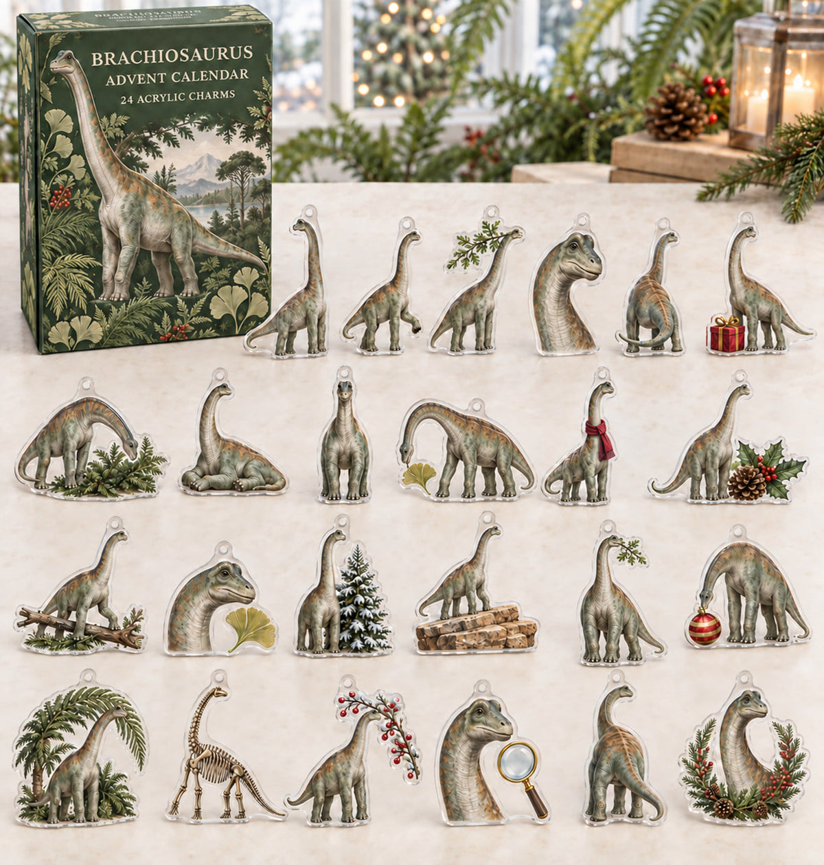 Brachiosaurus advent calendar with 24 custom-shaped flat acrylic charms and printed dimensional artwork