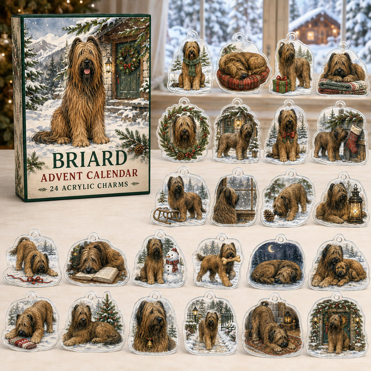Briard advent calendar box and 24 illustrated acrylic charms displayed on an ivory tabletop in a winter setting