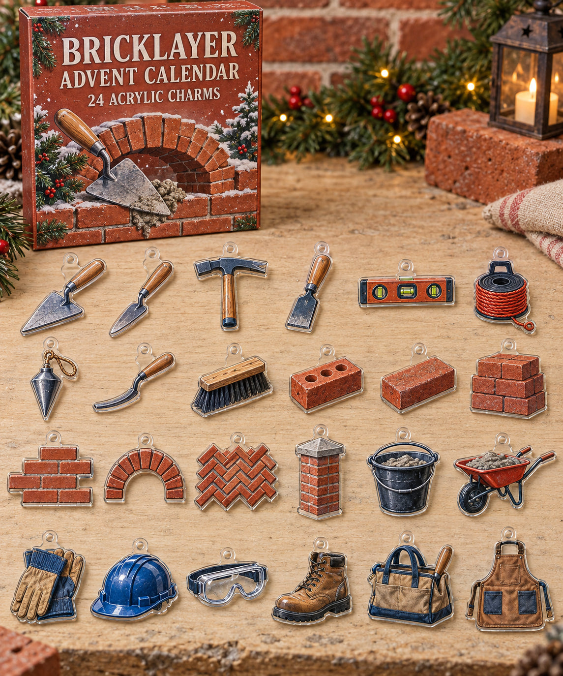 Bricklayer advent calendar with 24 custom-shaped flat acrylic charms and printed dimensional artwork