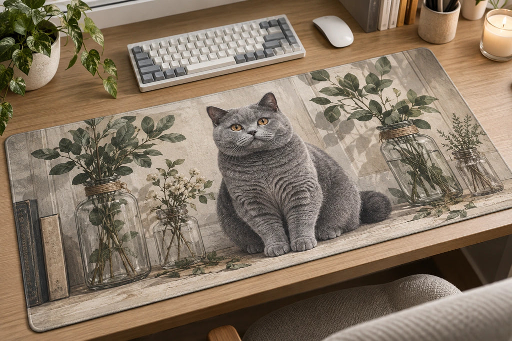 British Shorthair Apothecary Shelf Desk Mat with printed dimensional artwork