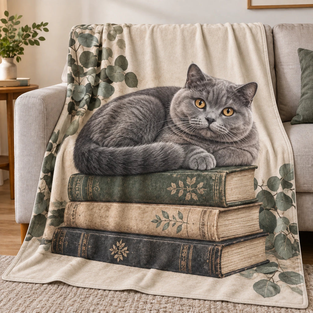 British Shorthair Book Stack Fleece Blanket with printed dimensional artwork
