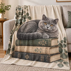 British Shorthair Book Stack Fleece Blanket with printed dimensional artwork