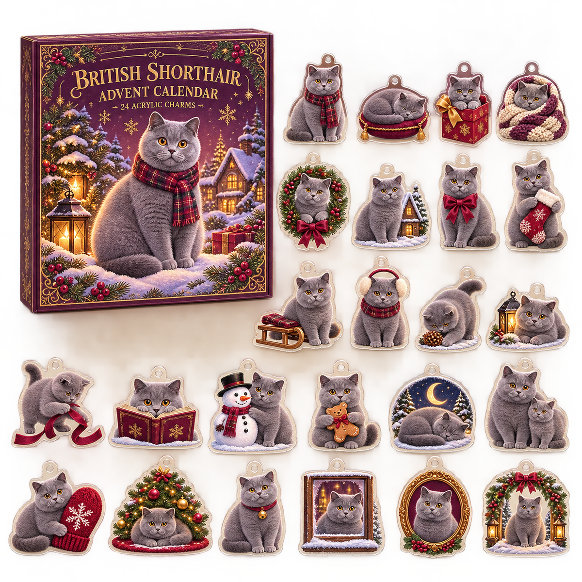 British Shorthair advent calendar box and full set of 24 illustrated acrylic charms on a light tabletop