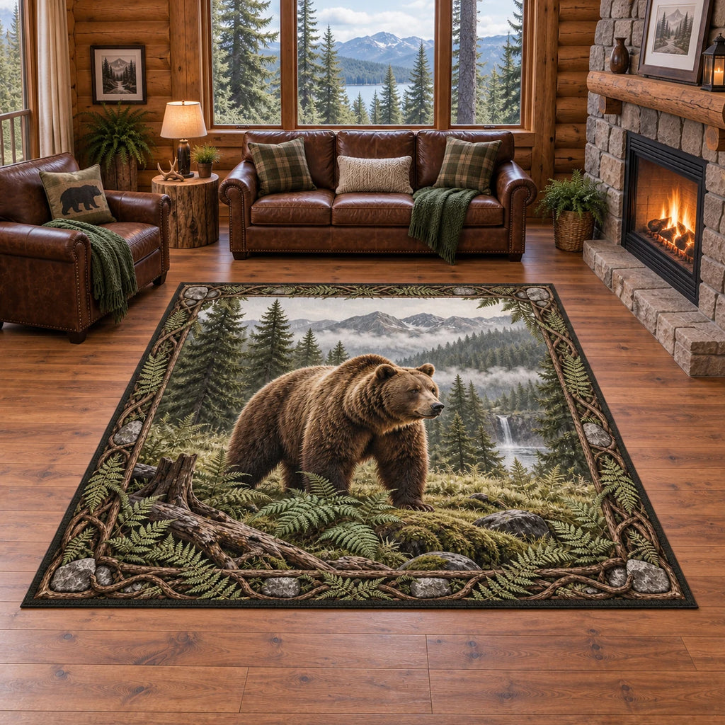 Brown bear area rug with ferns, forest water and misty mountains in a rustic lodge setting.
