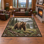 Brown bear area rug with ferns, forest water and misty mountains in a rustic lodge setting.