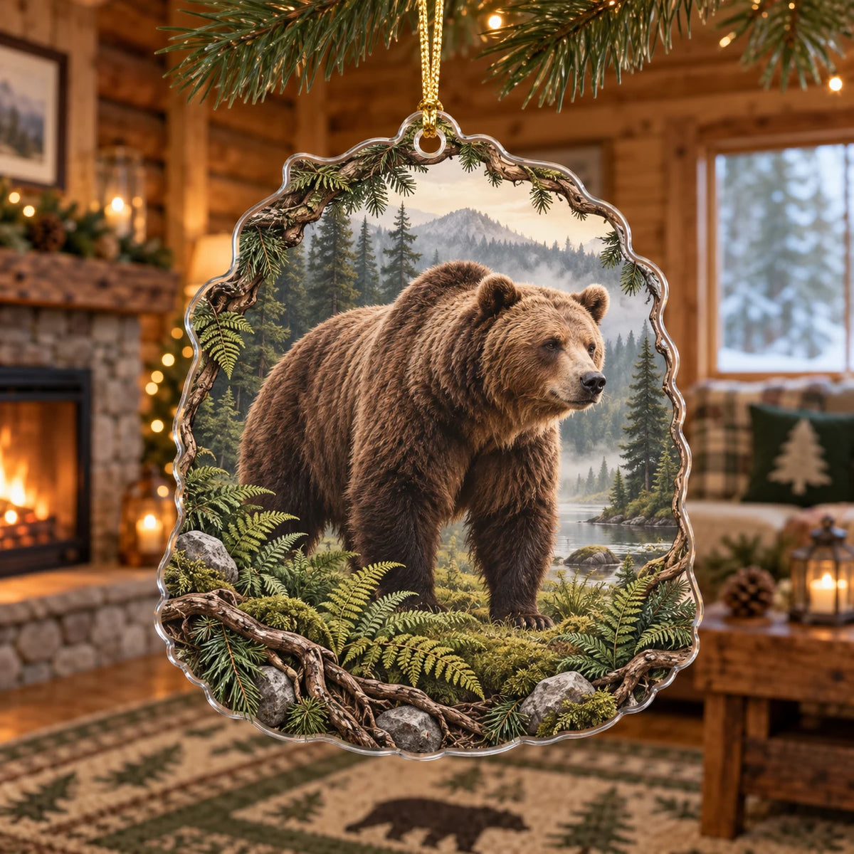 Brown bear christmas ornament with ferns, forest water and misty mountains in a rustic lodge setting.