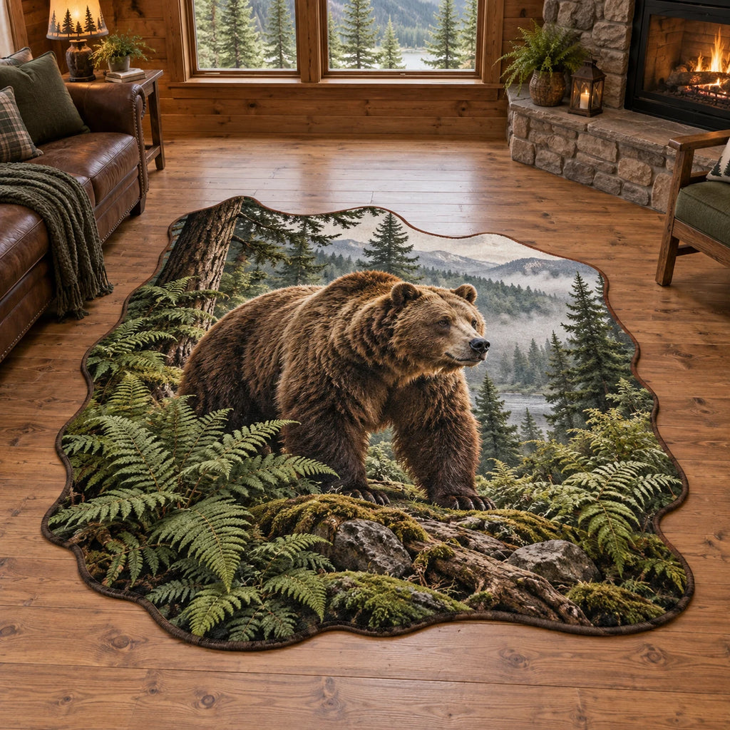 Brown bear custom shape area rug with ferns, forest water and misty mountains in a rustic lodge setting.