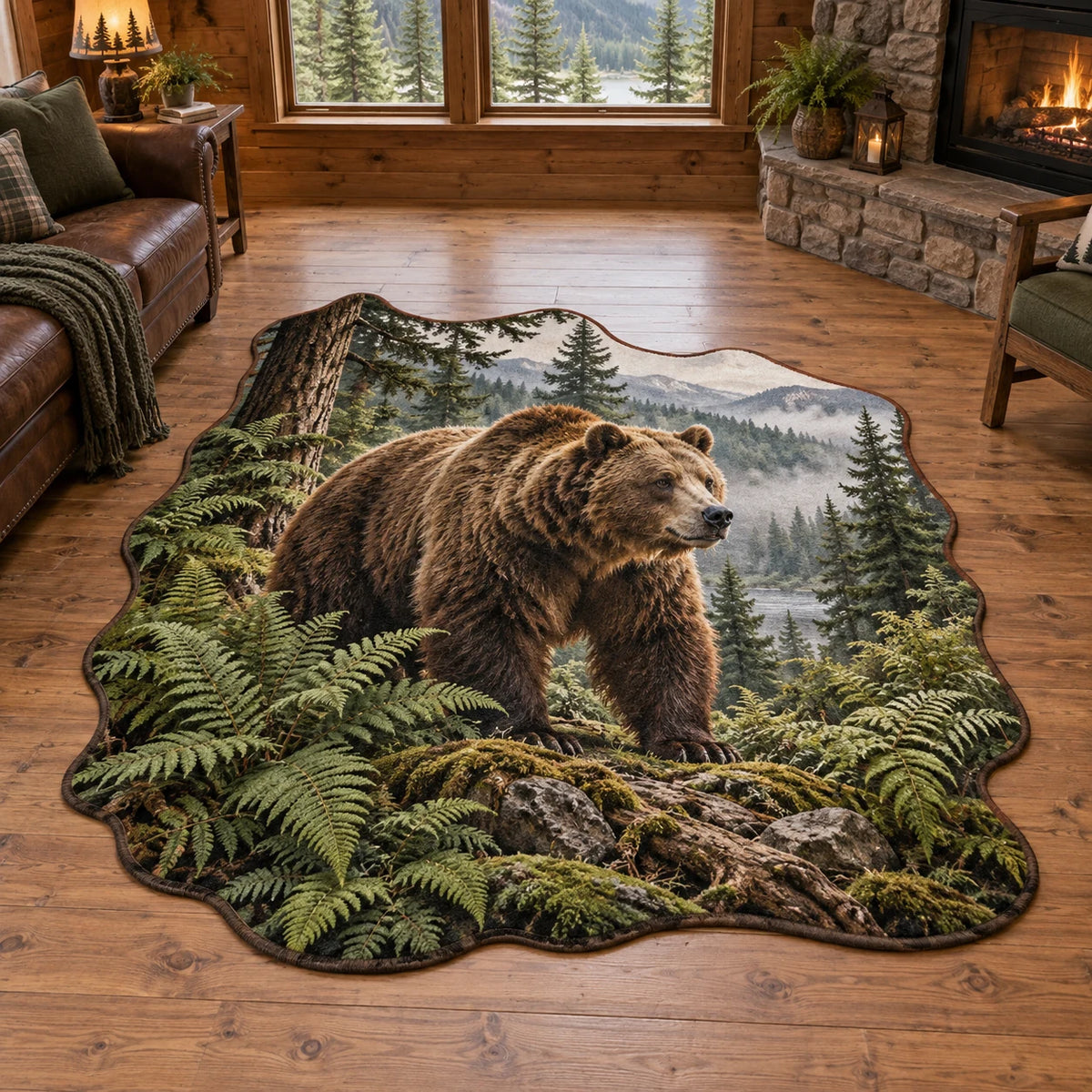 Brown bear custom shape area rug with ferns, forest water and misty mountains in a rustic lodge setting.