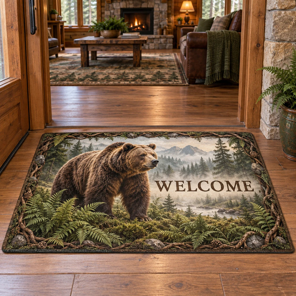 Brown bear doormat with ferns, forest water and misty mountains in a rustic lodge setting.