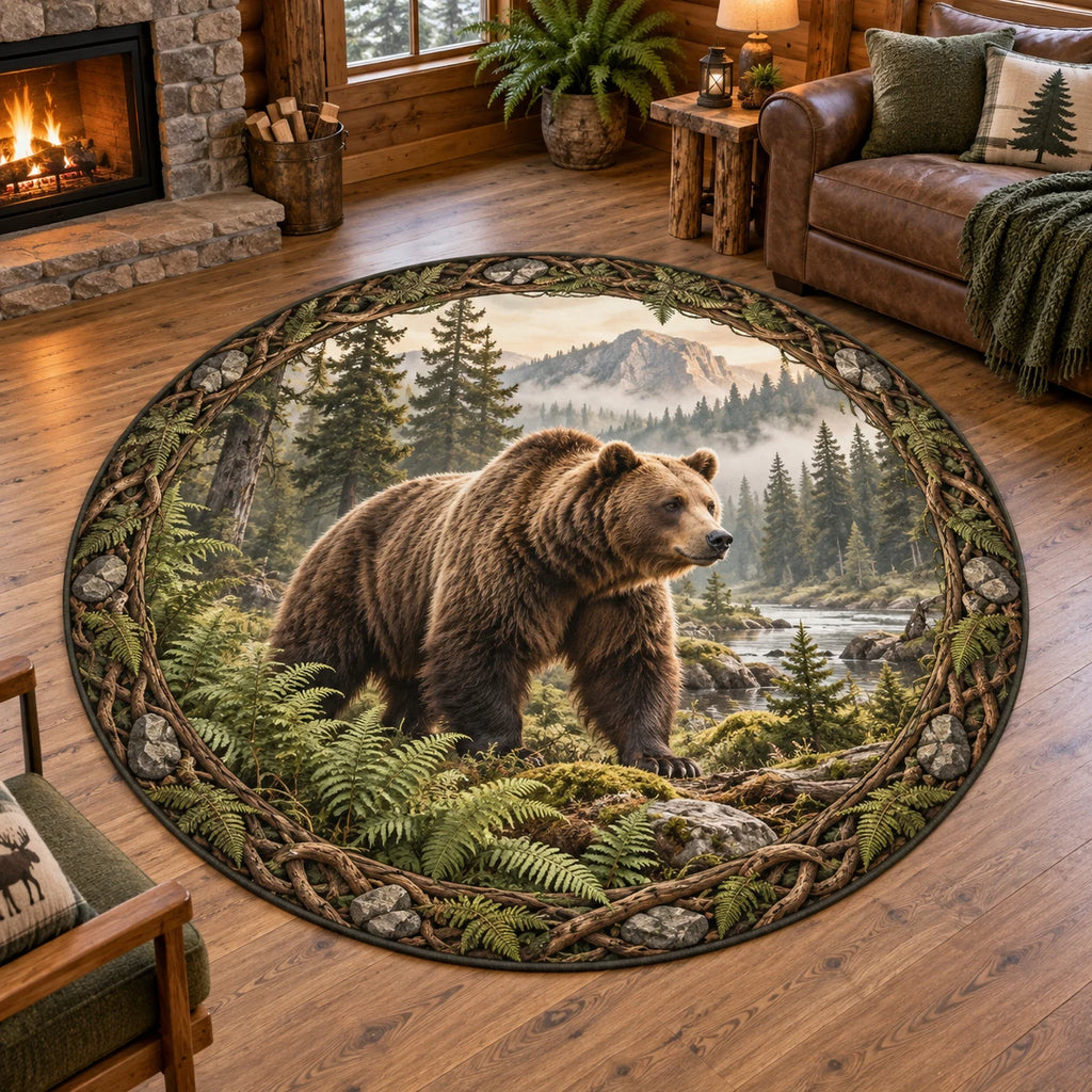Brown bear round mat rug with ferns, forest water and misty mountains in a rustic lodge setting.