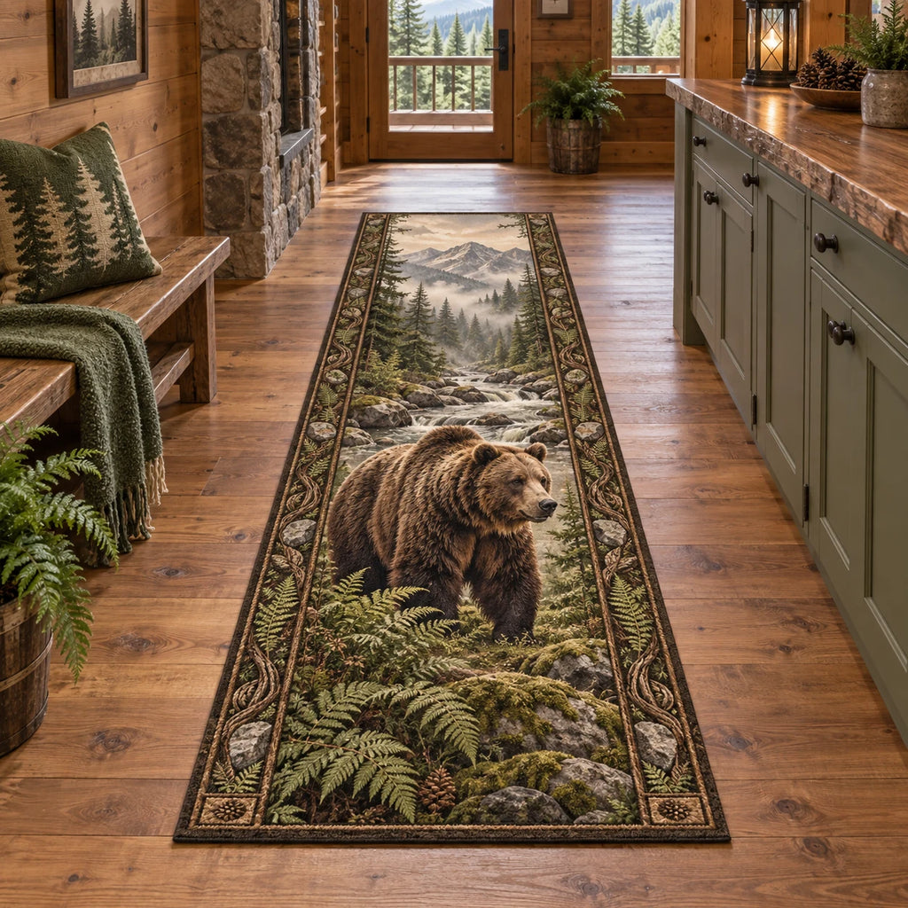 Brown bear runner rug with ferns, forest water and misty mountains in a rustic lodge setting.