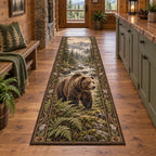 Brown bear runner rug with ferns, forest water and misty mountains in a rustic lodge setting.