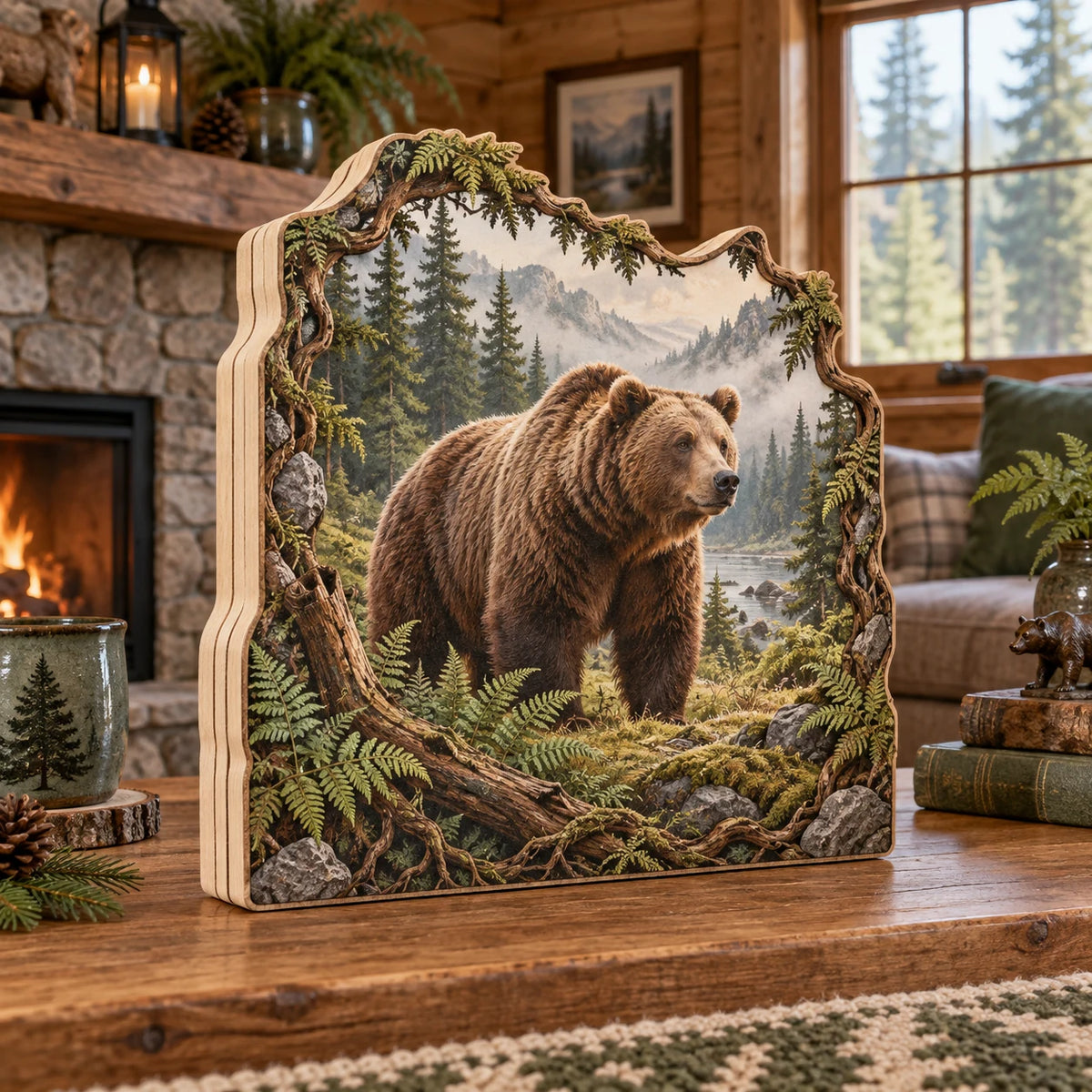 Brown bear wooden block 3 layer with ferns, forest water and misty mountains in a rustic lodge setting.