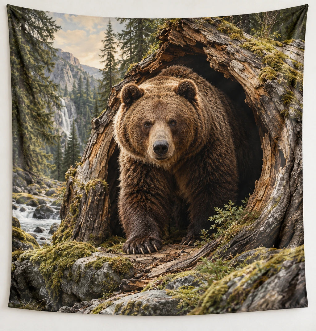 Brown Bear Hollow Tree Wall Tapestry with printed dimensional artwork