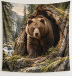 Brown Bear Hollow Tree Wall Tapestry with printed dimensional artwork