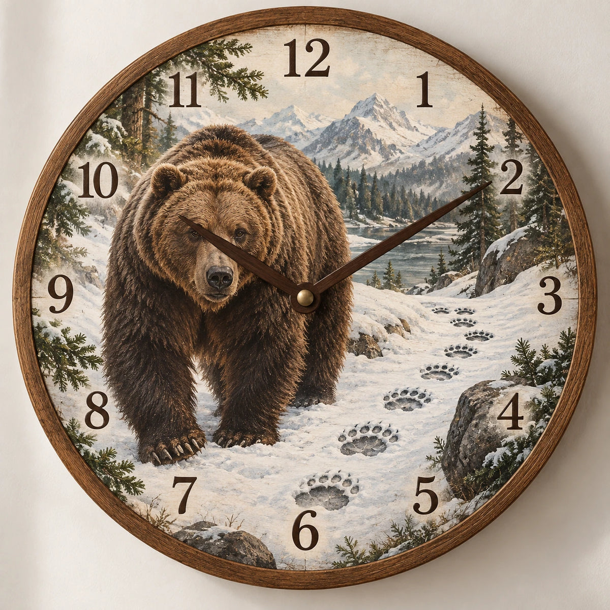 Brown Bear Snowy Footprints Wooden Wall Clock with printed dimensional artwork