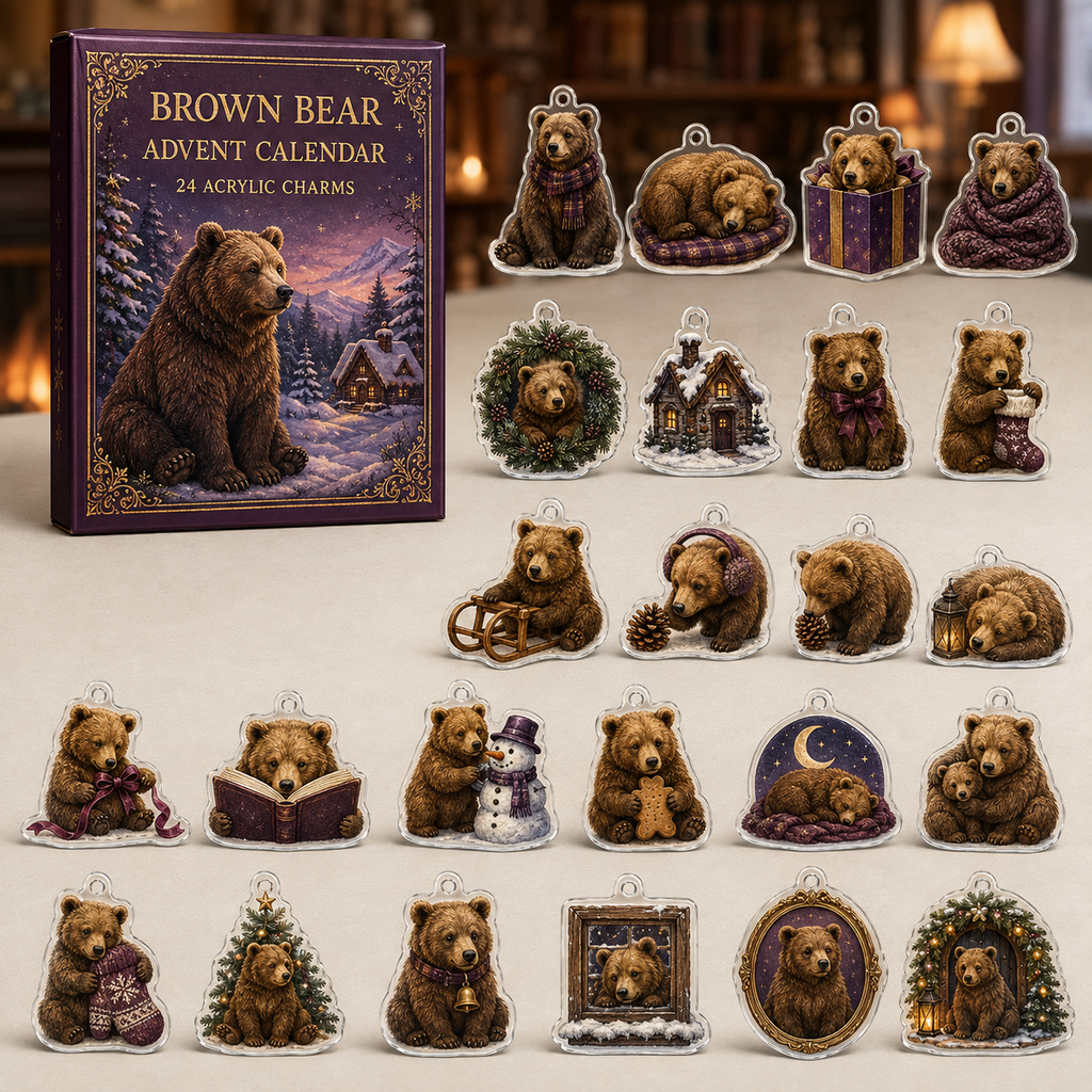 Brown Bear advent calendar box and full set of 24 illustrated acrylic charms on a light tabletop