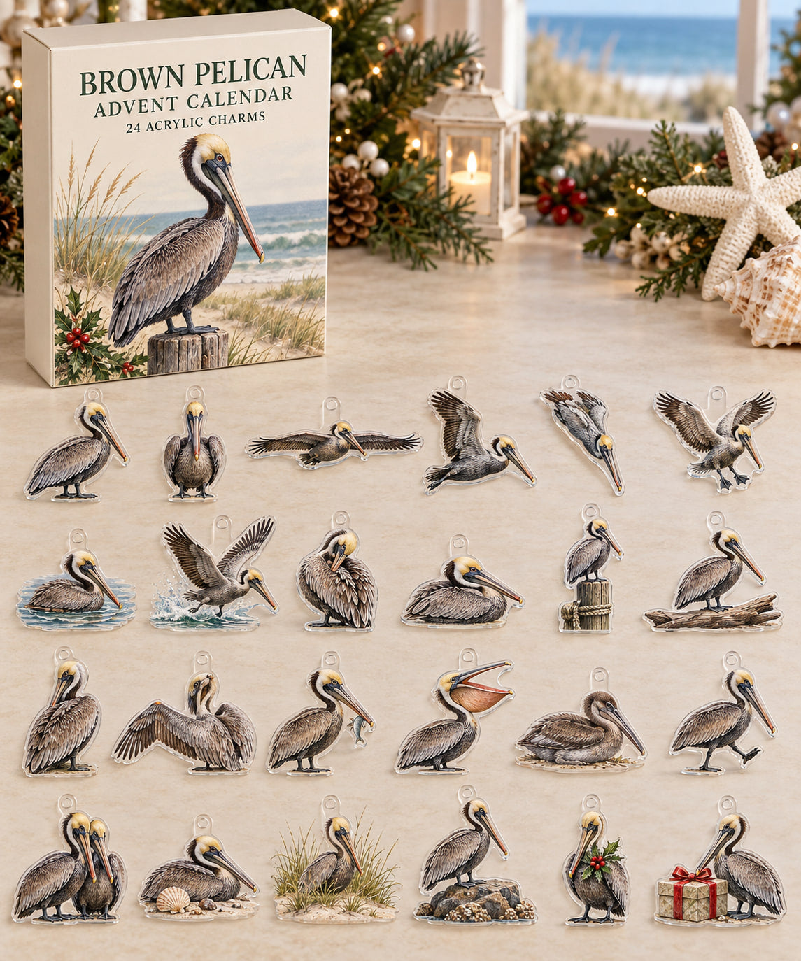 Brown Pelican advent calendar with 24 custom-shaped flat acrylic charms and printed dimensional artwork