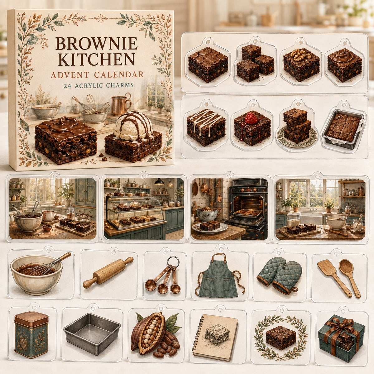Brownie Baking advent calendar box and 24 printed acrylic bakery charms