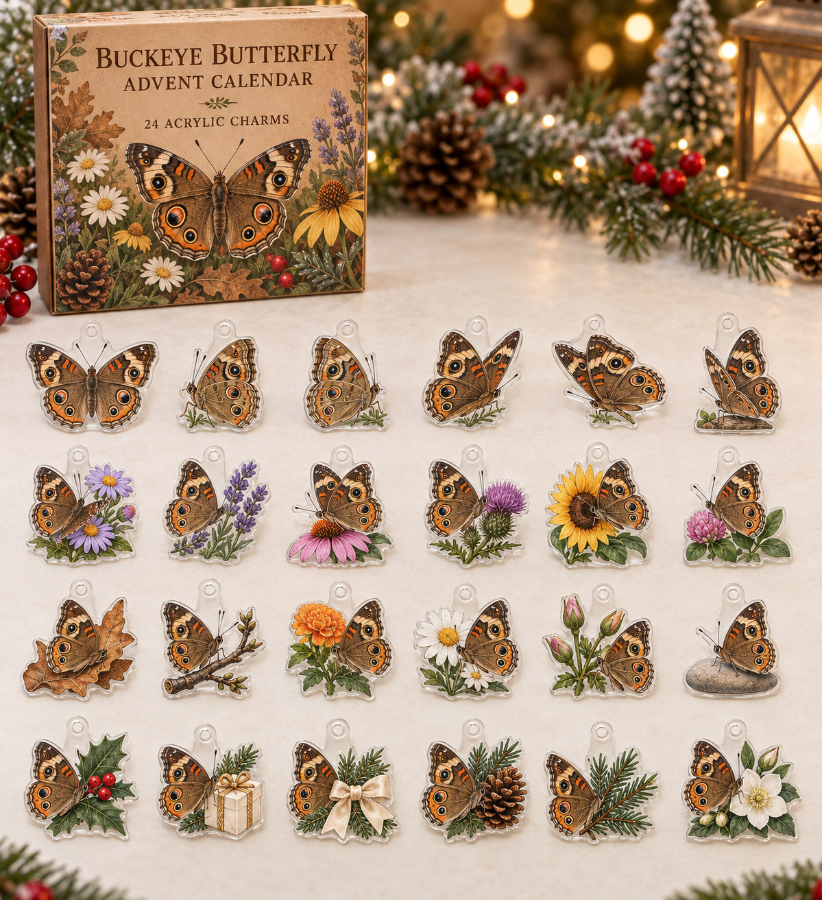 Buckeye Butterfly advent calendar with 24 custom-shaped flat acrylic charms and printed dimensional artwork