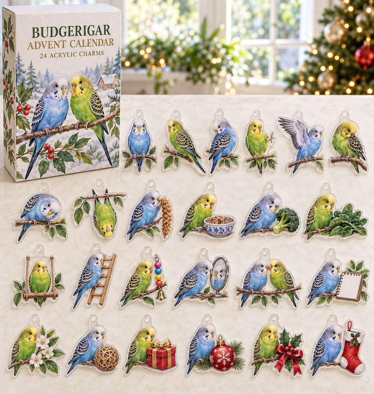 Budgerigar advent calendar with 24 custom-shaped flat acrylic charms and printed dimensional artwork