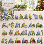 Budgerigar advent calendar with 24 custom-shaped flat acrylic charms and printed dimensional artwork