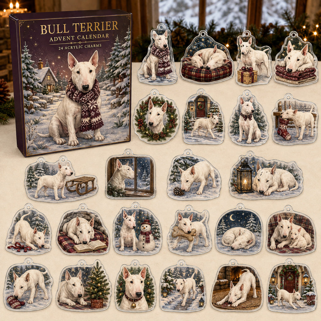 Bull Terrier advent calendar box and 24 illustrated acrylic charms displayed on an ivory tabletop in a winter setting