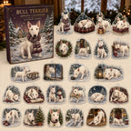 Bull Terrier advent calendar box and 24 illustrated acrylic charms displayed on an ivory tabletop in a winter setting