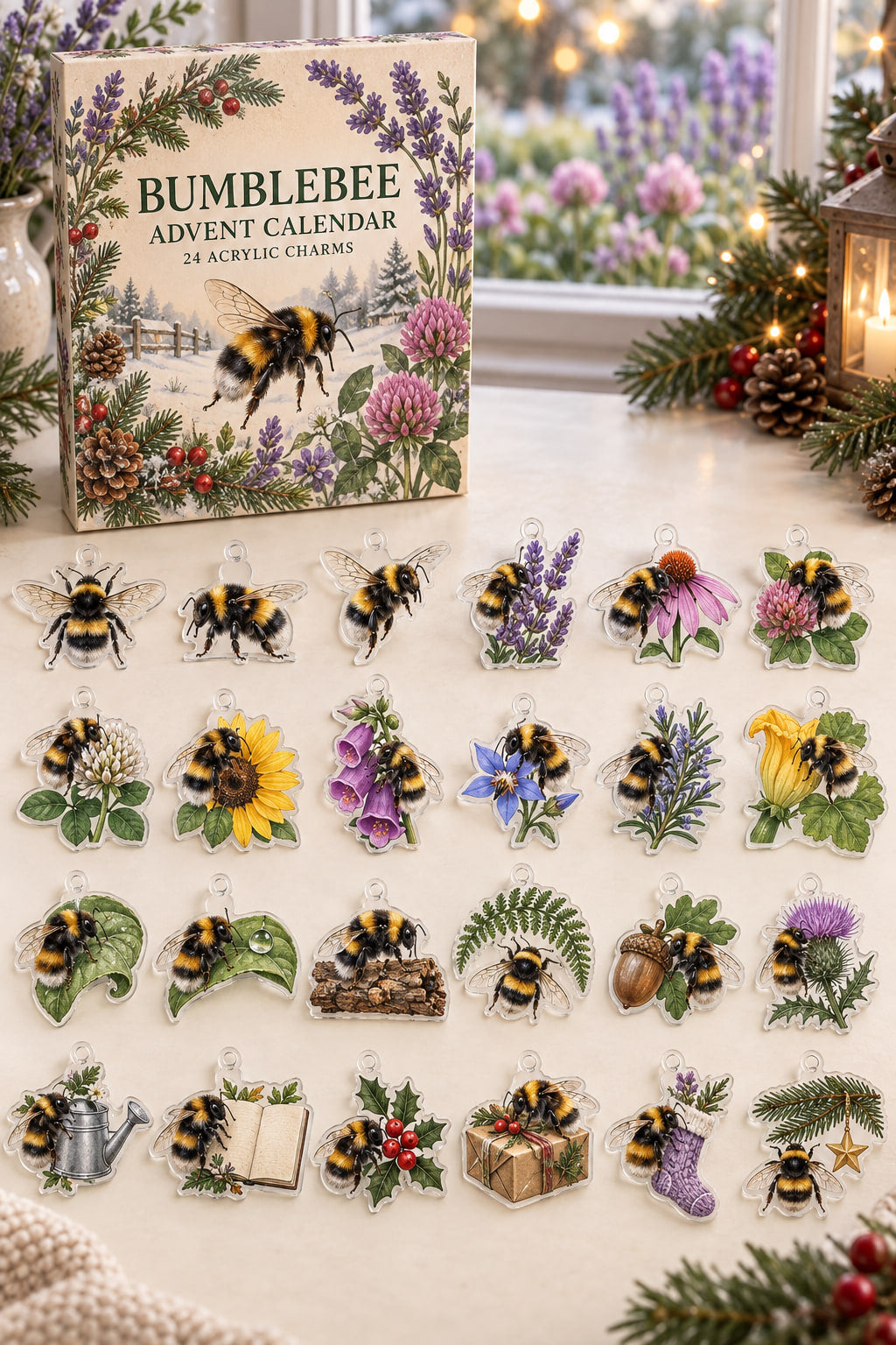 Bumblebee advent calendar with 24 custom-shaped flat acrylic charms and printed dimensional artwork