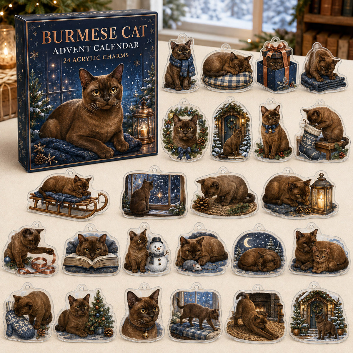 Burmese Cat advent calendar box and 24 illustrated acrylic charms displayed on an ivory tabletop in a winter setting