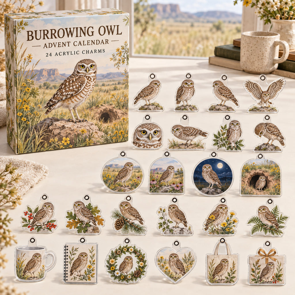 Burrowing Owl advent calendar box with 24 themed flat printed acrylic charms