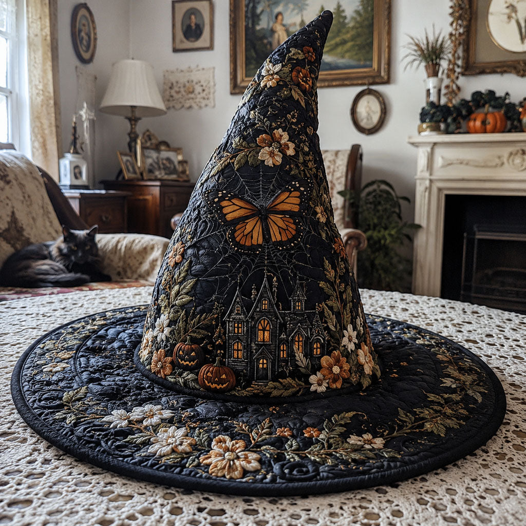 Butterfly Macabre quilted witch hat, all-over print on cone and brim