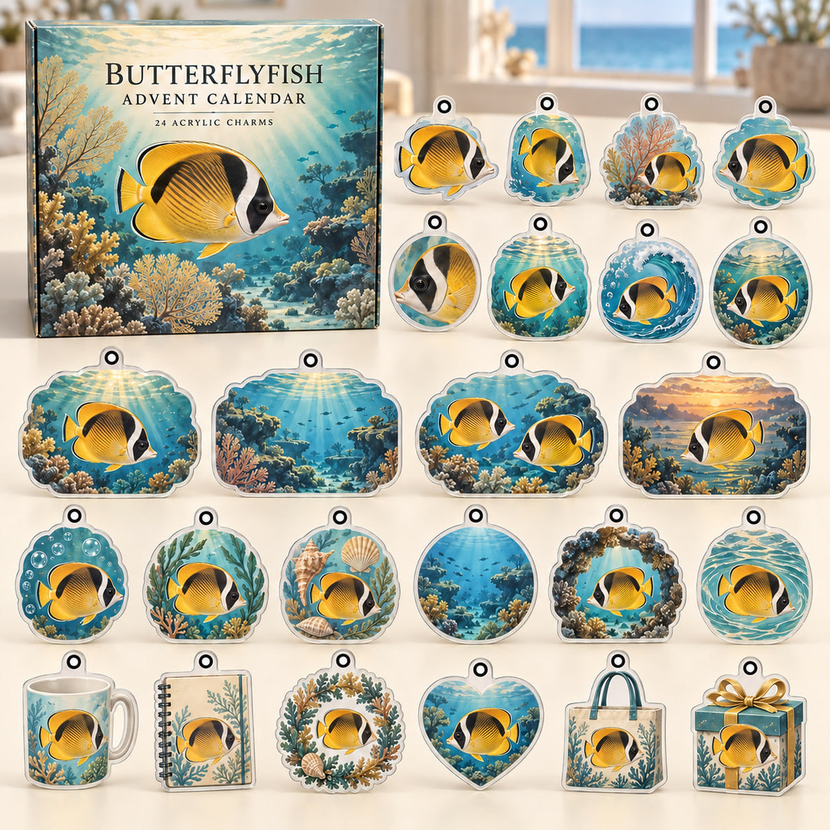 Butterflyfish advent calendar box with 24 themed flat printed acrylic charms