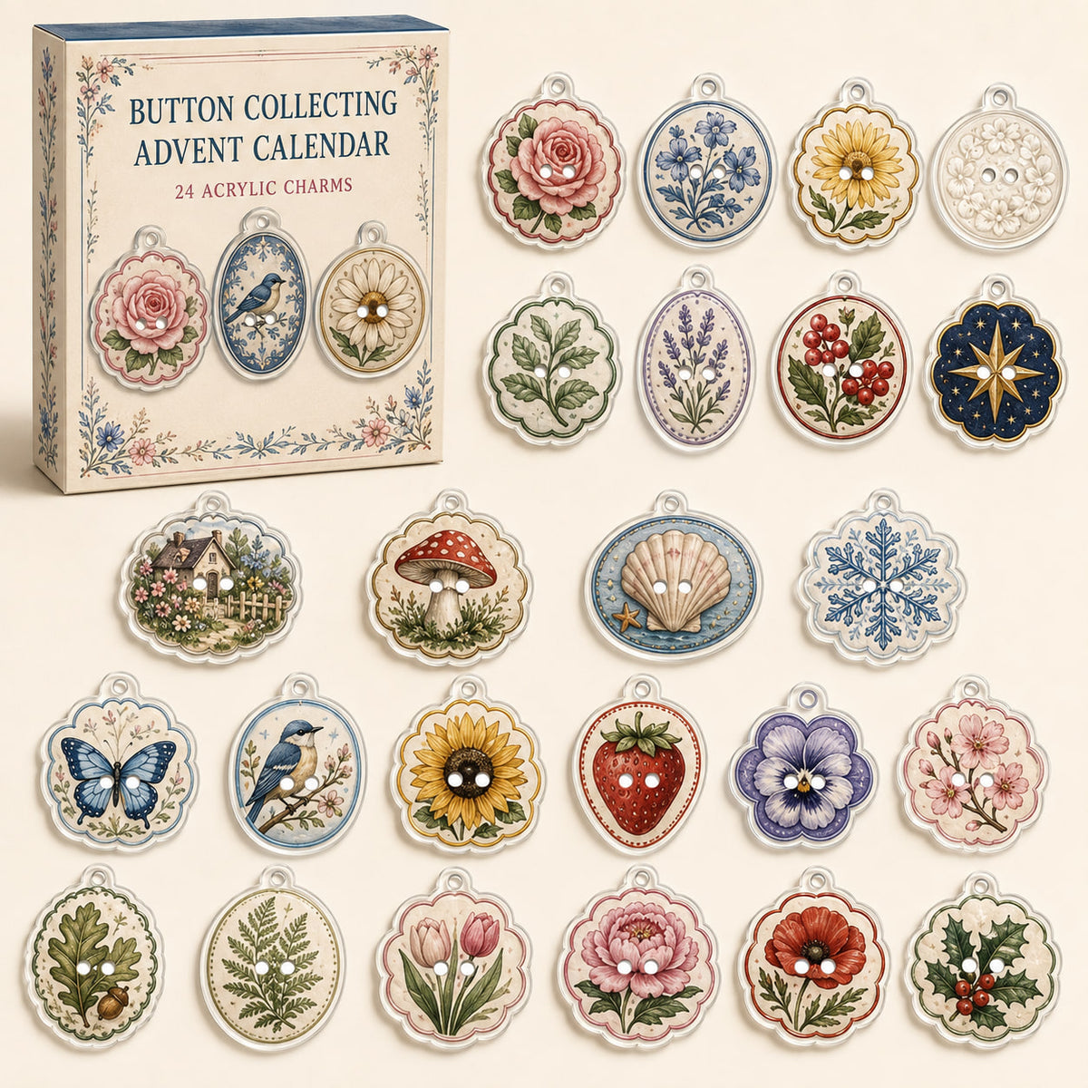 Button Collecting advent calendar box with 24 printed acrylic charms