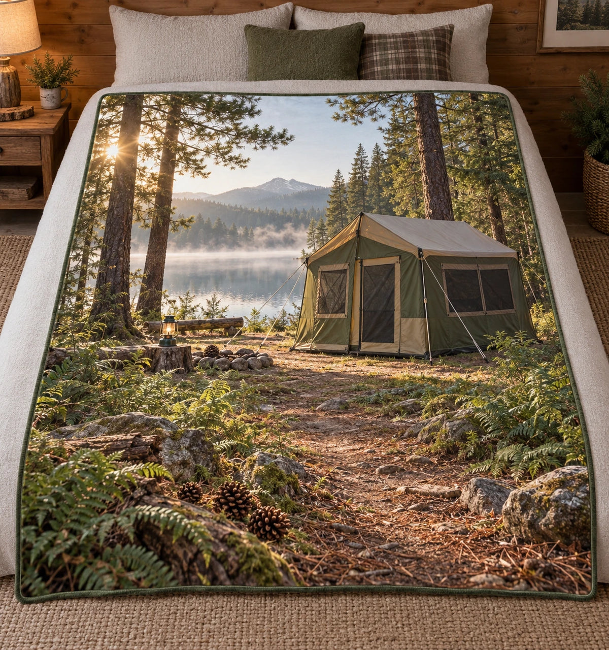 Cabin tent lakeside scene printed on a flat fleece throw blanket.